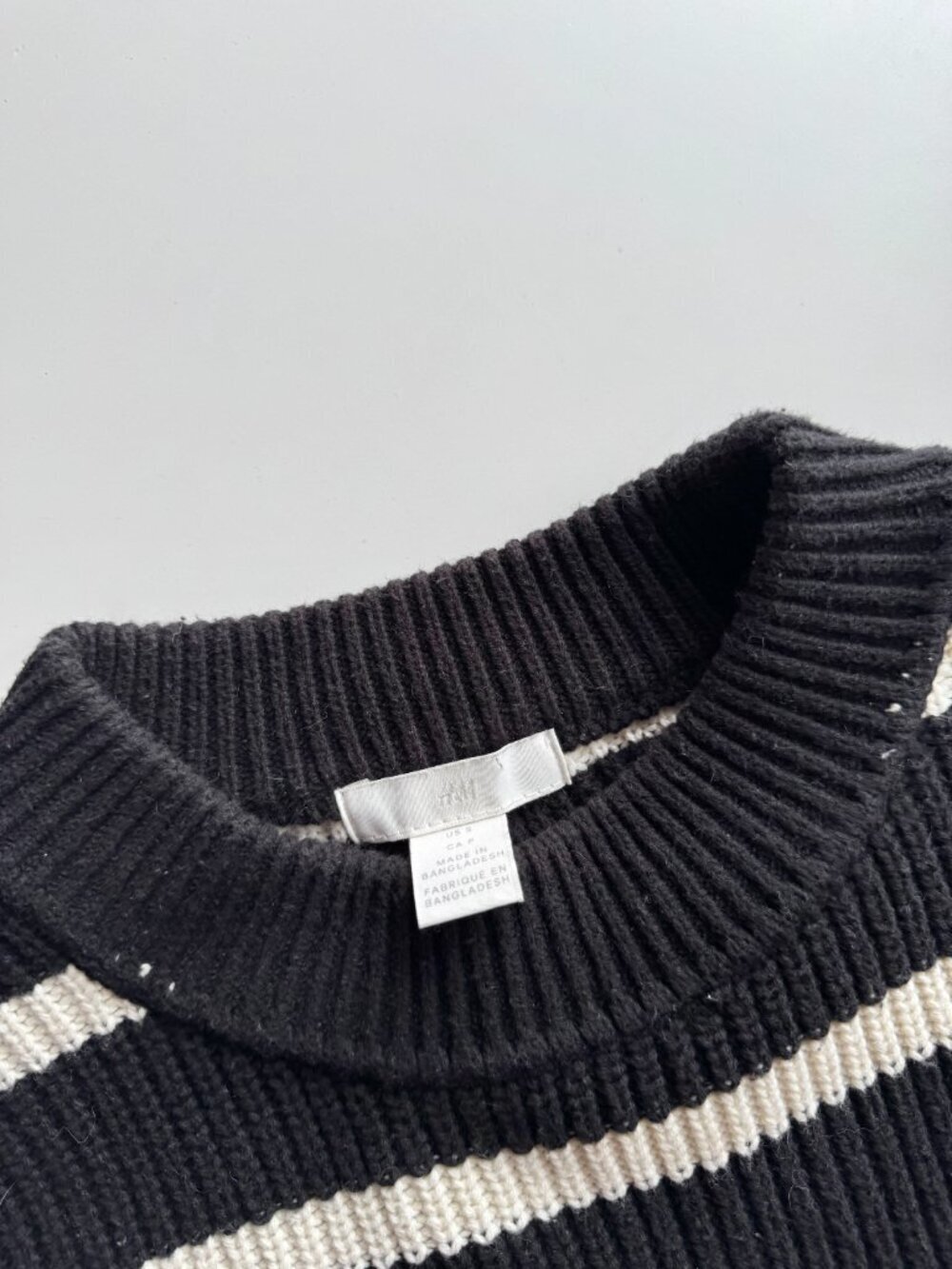 H&M Black Ivory Striped Cotton Chunky Rib Knit Crew Neck Loose Sweater, Size S - Picture 11 of 12